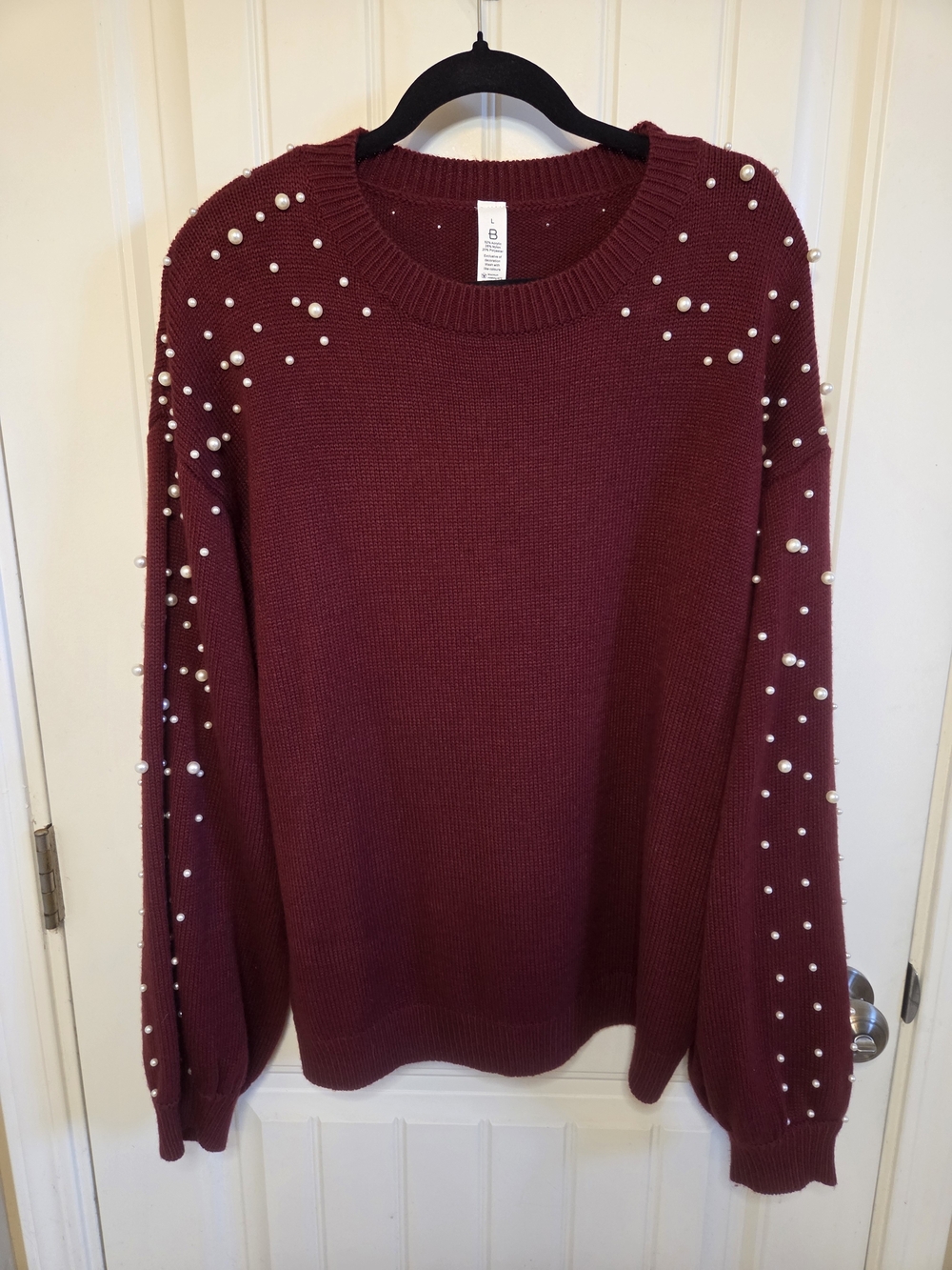 Pearl-Embellished Burgundy Knit Sweater